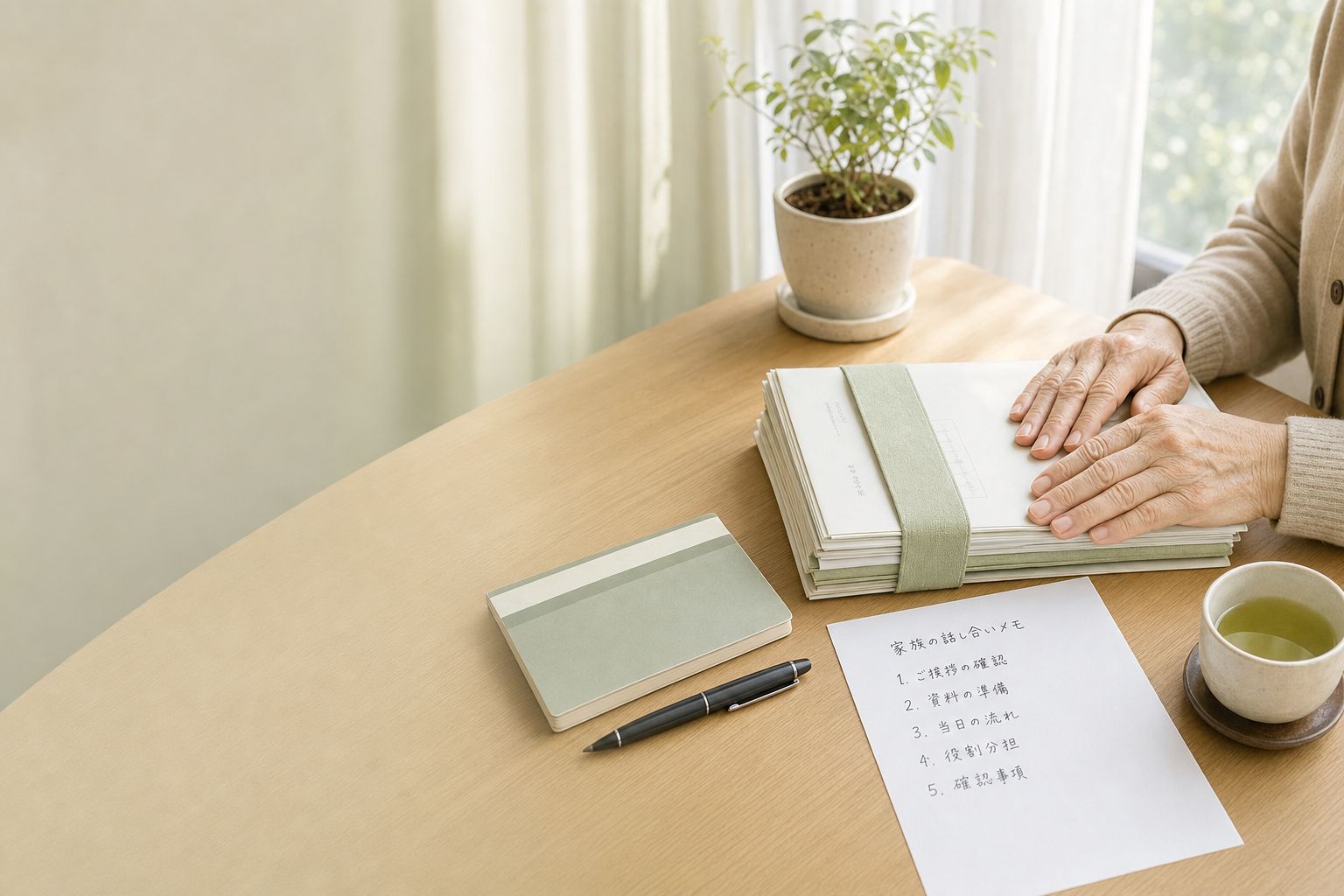 書類の束にそっと手を置く、年配の女性の手元
