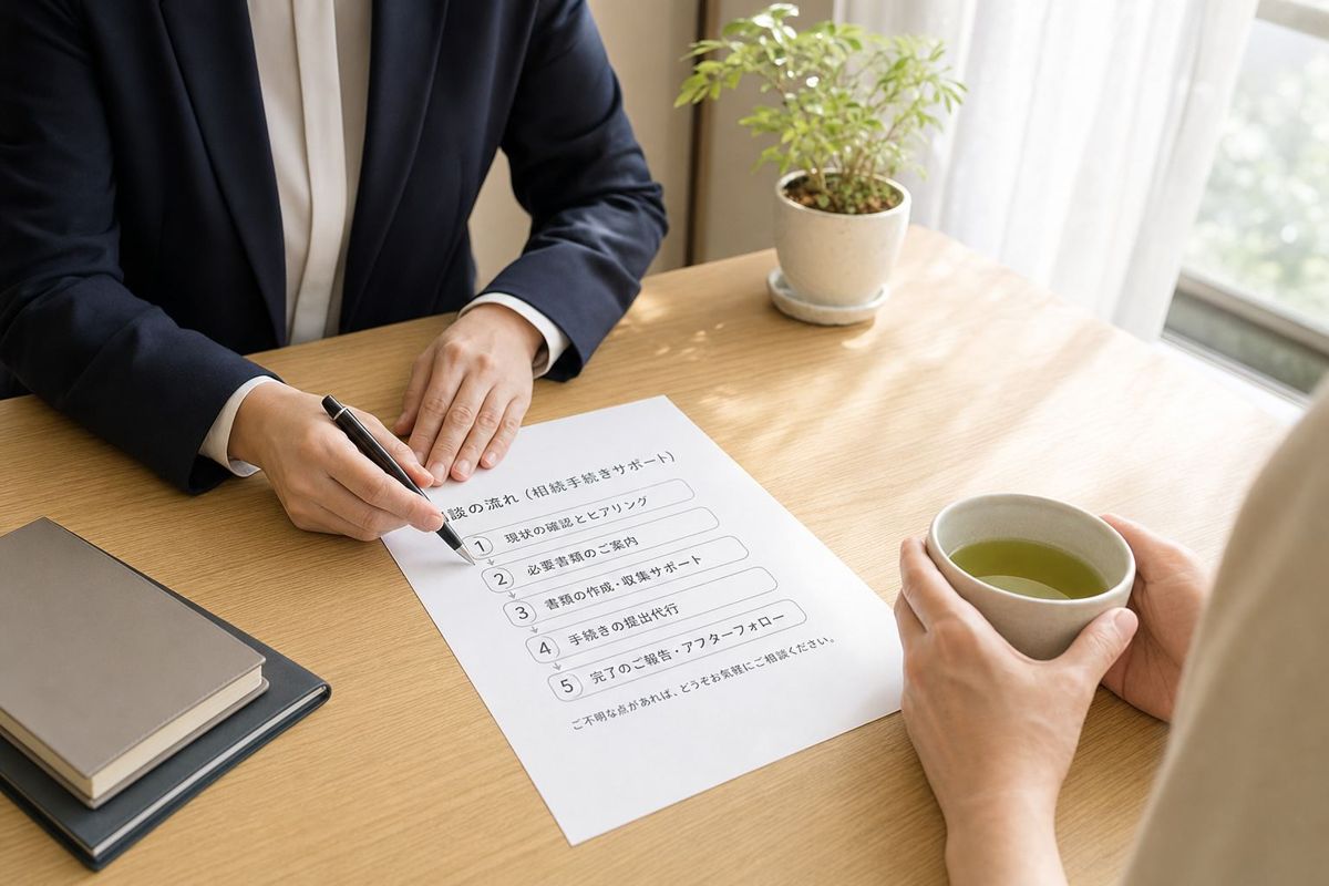 相談室の机で、手続きの流れを紙に書きながら説明している様子